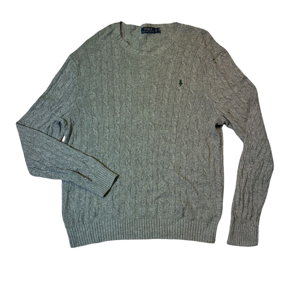 Polo Ralph Lauren mens XL gray 100% silk cable knit crewneck pullover sweater